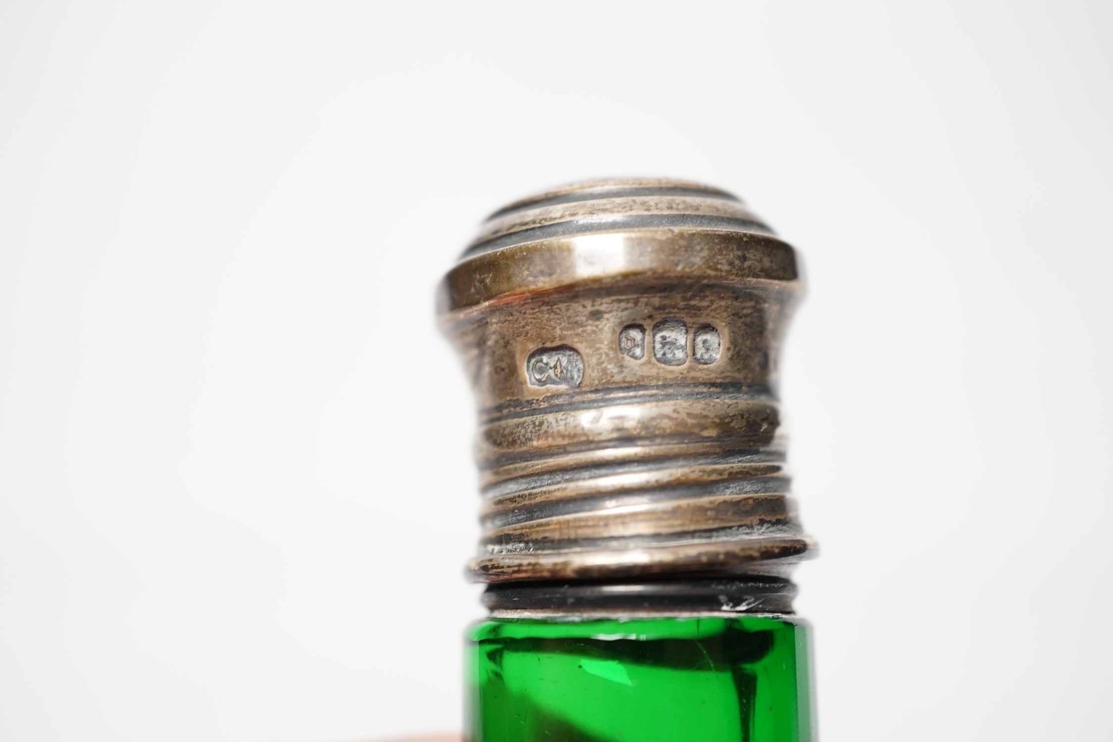 Five assorted mounted scent bottles including glass and ceramic egg shape, largest 94mm, together with a Victorian banded agate handled white metal desk seal. Condition - poor to fair